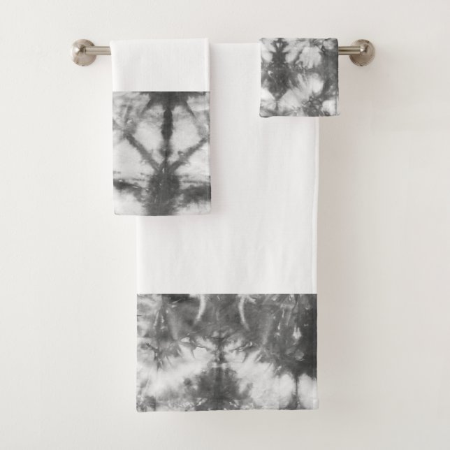 Shibori Black and White Tie Dye Pattern Bath Towel (Insitu)