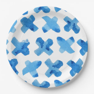 Shibori blue japanese watercolor cross x pattern  paper plate