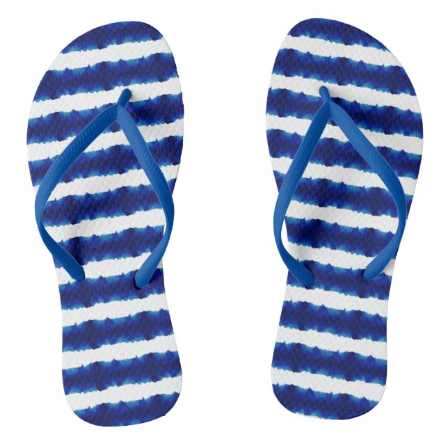Shibori Blue Stripe Tie Dye Pattern Flip Flops (Footbed)