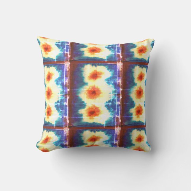 Shibori Fabric Boho Blue Orange Tie Dye Pillow (Front)
