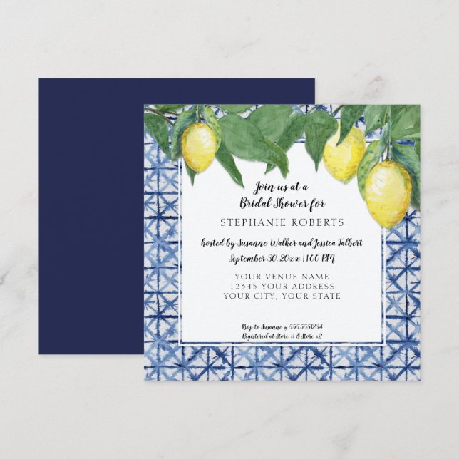 Shibori Navy n White w Lemon Citrus Bridal Shower Invitation (Front/Back)