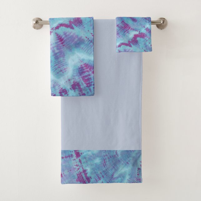 Shibori Tie Dye Blue Purple Boho Bath Towel Set (Insitu)