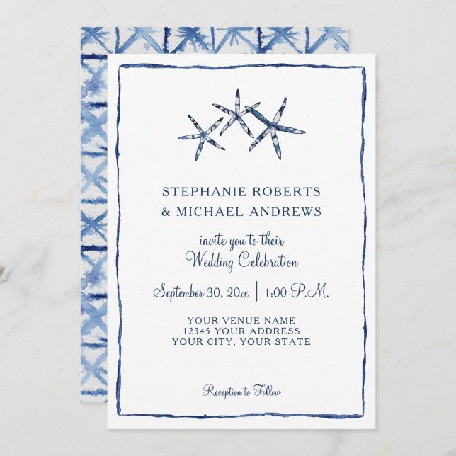 Shibori Tie Dye Indigo Watercolor Starfish Beach Invitation (Front/Back)