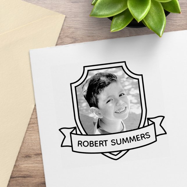 Shield and Ribbon Custom Name and Photo Rubber Stamp (Creator Uploaded)