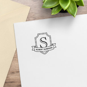 Shield and Ribbon Monogram Initial 1x1 Rubber Stamp