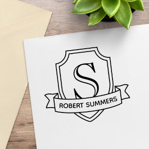 Shield and Ribbon Monogram Initial Rubber Stamp