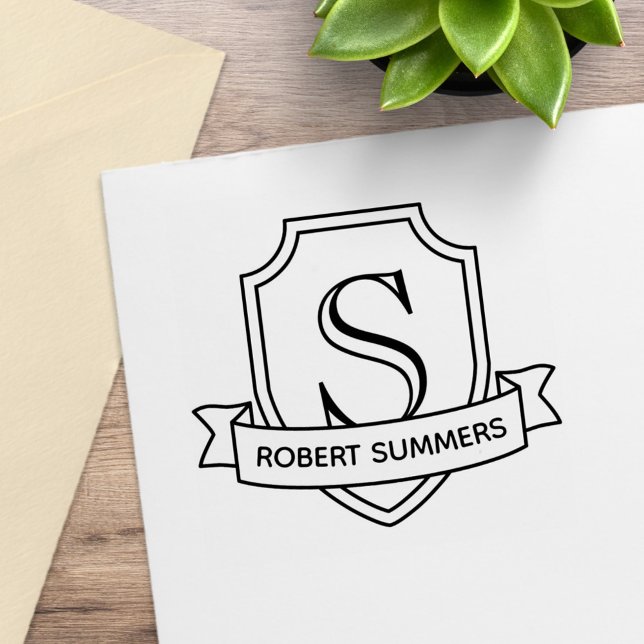 Shield and Ribbon Monogram Initial Rubber Stamp (Creator Uploaded)