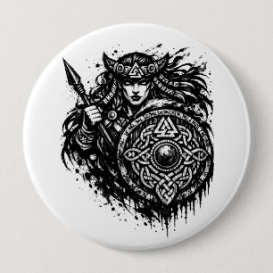 Shield Maiden Spear‑Sigil – Mythic Warrior Ink 10 Cm Round Badge