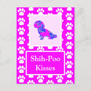 Shih-Poo Dog Kisses Silhouette in Cute Pink & Blue Postcard