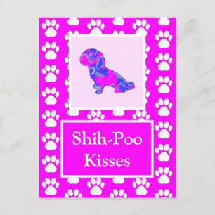 Shih-Poo Dog Kisses Silhouette in Cute Pink & Blue Postcard