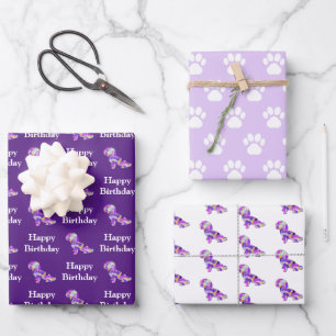 Shih Poo Dog Silhouette Purple Happy Birthday Wrapping Paper Sheet