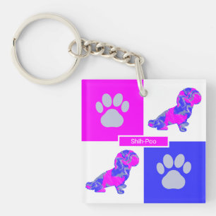 Shih-Poo Silhouette Dog & Paw Pink and Blue Square Key Ring