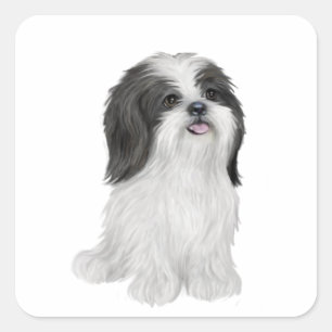 Shih Tzu - black and white (by JF) Square Sticker