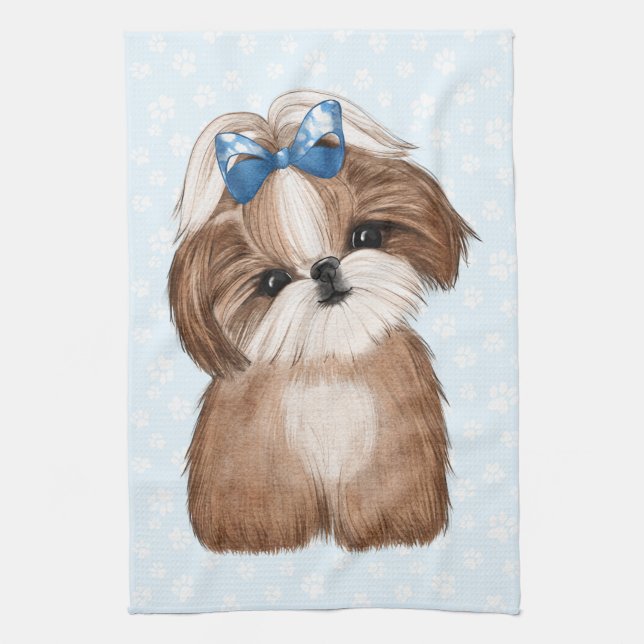 Shih Tzu Blue Bow Tea Towel (Vertical)