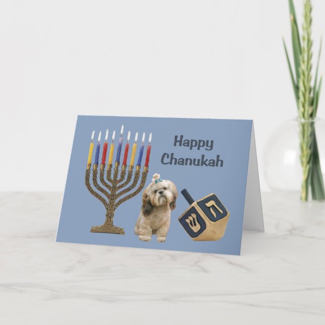 Shih Tzu Chanukah Card Menorah Dreidel (Front)
