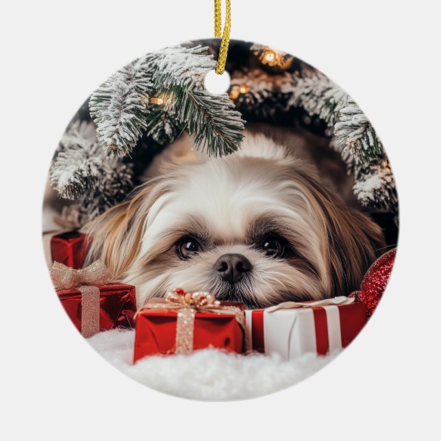 Shih Tzu Christmas Ceramic Tree Decoration (Front)