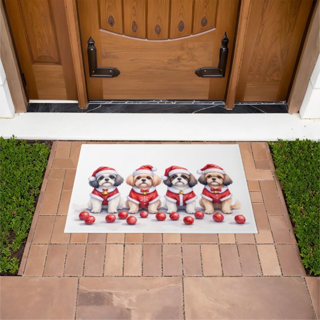 Shih Tzu Christmas Dress Santa Hat Doormat (Outdoor)