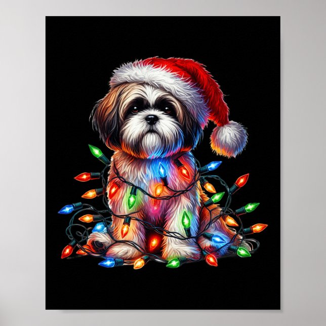 Shih Tzu Christmas Lights Santa Hat Dog Lover  Poster (Front)