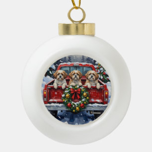 Shih Tzu Christmas Red Truck Holiday Ceramic Ball Christmas Ornament