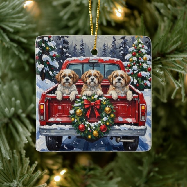 Shih Tzu Christmas Red Truck Holiday Ceramic Ornament (Tree)