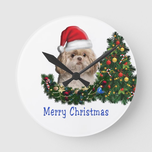 Shih tzu Christmas Round Clock (Front)