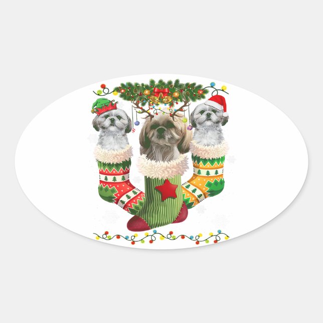 Shih Tzu Christmas Socks Tree Light | Santa Hat Oval Sticker (Front)
