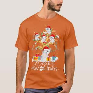 Shih Tzu Christmas Tree Santa Hat Lights happy paw T-Shirt