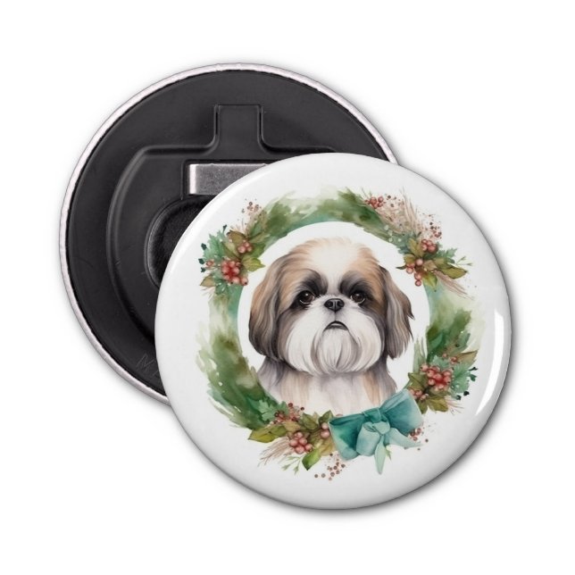 Shih Tzu Christmas Wreath Festive Pup  Bottle Opener (Front)