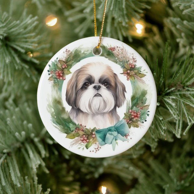 Shih Tzu Christmas Wreath Festive Pup  Ceramic Tree Decoration (Tree)