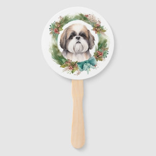 Shih Tzu Christmas Wreath Festive Pup  Hand Fan
