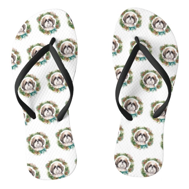Shih Tzu Christmas Wreath Festive Pup  Jandals (Footbed)