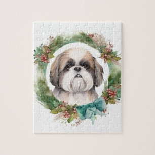 Shih Tzu Christmas Wreath Festive Pup Jigsaw Puzzle