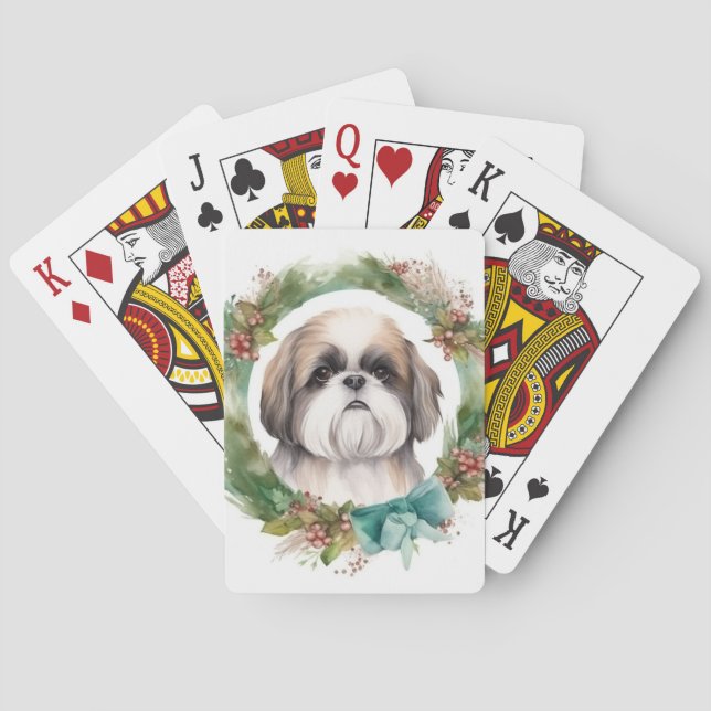 Shih Tzu Christmas Wreath Festive Pup  Playing Cards (Back)