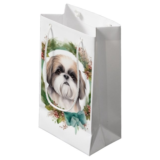 Shih Tzu Christmas Wreath Festive Pup  Small Gift Bag (Front Angled)