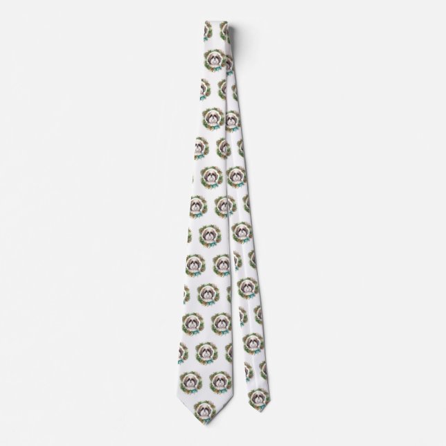 Shih Tzu Christmas Wreath Festive Pup  Tie (Front)