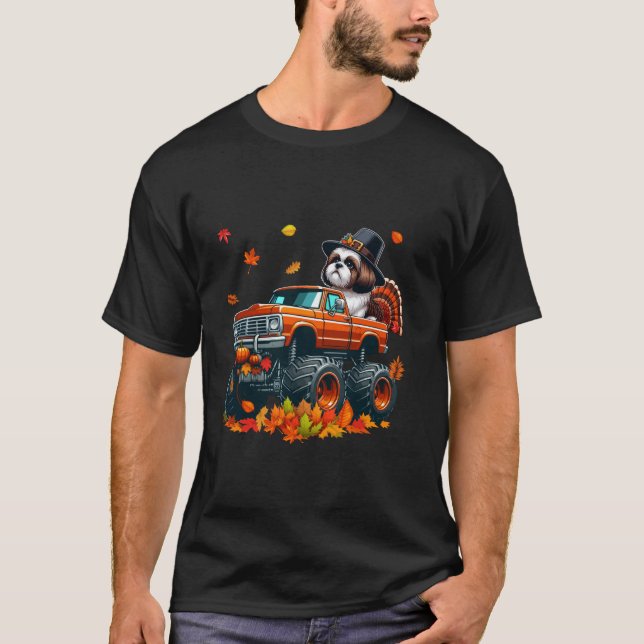 Shih Tzu Cosplay Turkey On Monster Truck Thanksgiv T-Shirt (Front)