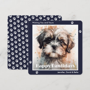Shih Tzu Dog Blue Watercolor Christmas Holiday Card