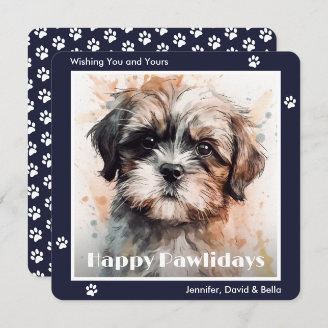 Shih Tzu Dog Blue Watercolor Christmas Holiday Card (Front/Back)