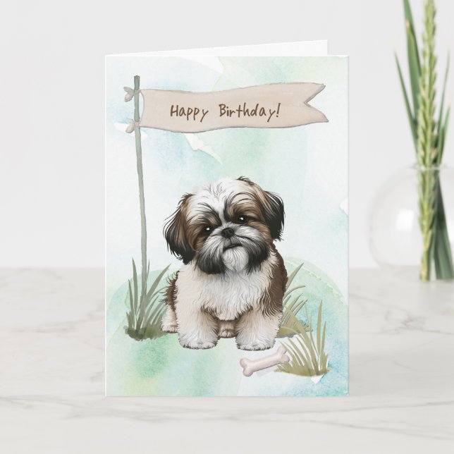 Shih Tzu Dog Breed Outdoors Under Birthday Sign Card (Front)