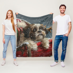 Shih Tzu Dog Christmas Festive Fleece Blanket