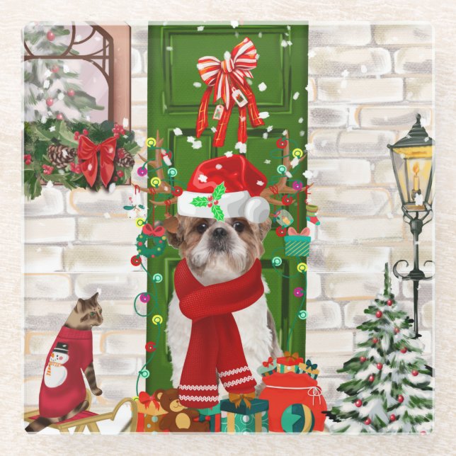 Shih Tzu Dog Christmas  Glass Coaster (Front)