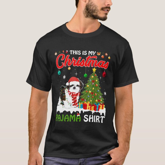 Shih Tzu Dog Christmas Lights Funny Hat Santa Xmas T-Shirt (Front)