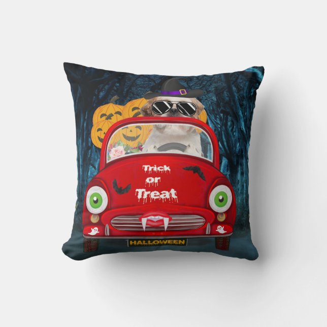 Shih Tzu Dog Driving Car Scary Halloween Cushion (Front)