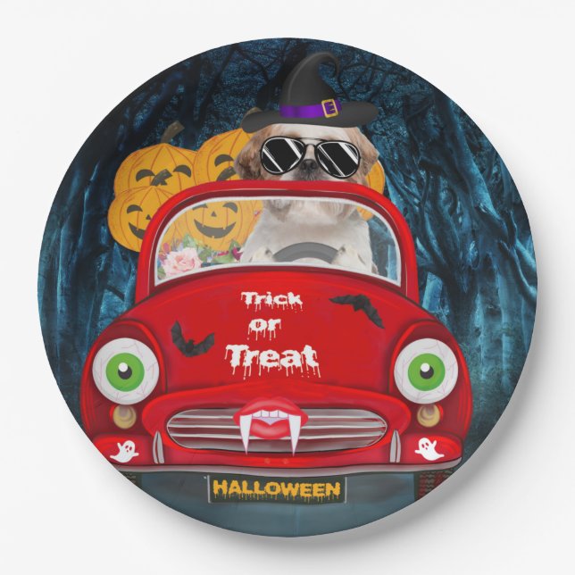 Shih Tzu Dog Driving Car Scary Halloween Paper Plate (Front)