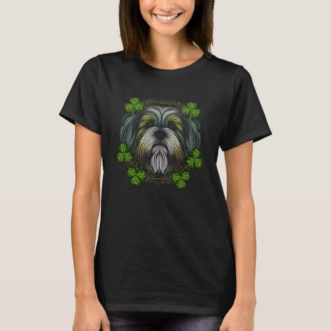 Shih Tzu Dog Face Mandala Irish Shamrock C St Patr T-Shirt (Front)