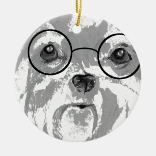 Shih Tzu Dog Glasses Ceramic Tree Decoration