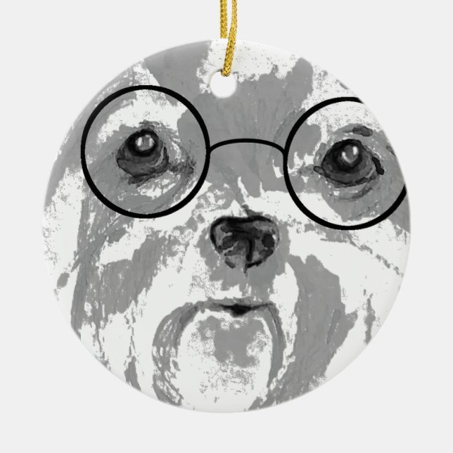 Shih Tzu Dog Glasses Ceramic Tree Decoration (Front)