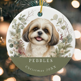 Shih Tzu Dog Gold White Watercolor Christmas Ceramic Tree Decoration