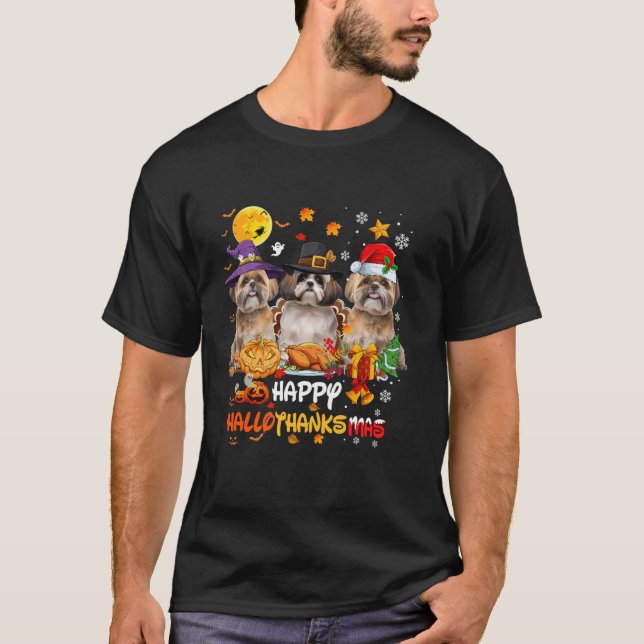 Shih Tzu dog Happy Halloween Thanksgiving Merry Ch T-Shirt (Front)
