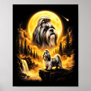 Shih Tzu Dog Howling to The Moon Vintage 90s Retro Poster